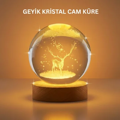 BUĞZ 3D Geyik Desenli Kristal Küre USB Işıklı Ahşap Tabanlı Oda Lambası