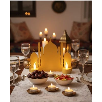 BUĞZ 3D İki Mumlu Cami Dekor 2 Pilli LED Mum Hediyeli Masa Üstü Süs