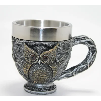 BUĞZ 3D Kabartmalı Baykuş Büstü Paslanmaz Çelik Kupa Bardak
