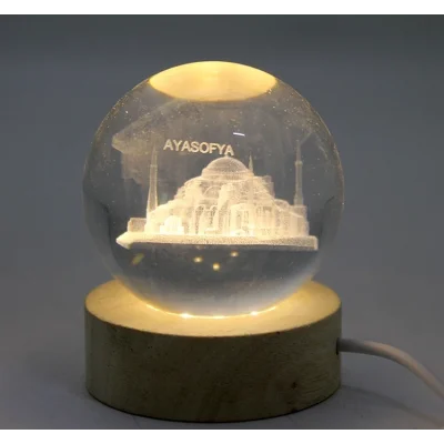 BUĞZ 3d Kristal Cam Küre Ahşap Soketli İstanbul Temalı Led Lamba Alk2573
