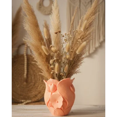 BUĞZ 3D Özel Baskı Turuncu Çiçekli Dekoratif Vazo Salon Ofis Dekoru