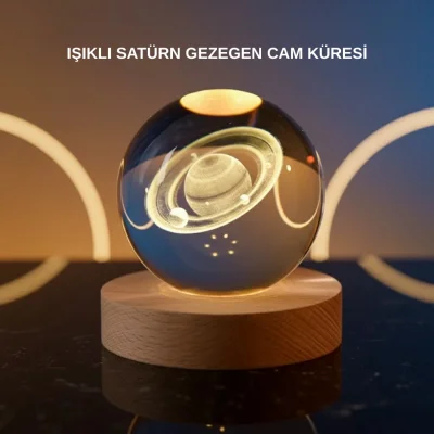 BUĞZ 3D Satürn Gravürlü Kristal Küre Dekoratif LED Işıklı Gece Lambası