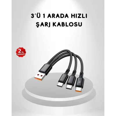 BUĞZ 3’ü 1 Arada Hızlı Şarj Kablosu iOS Android Type-C Uyumlu ve Dayanıklı
