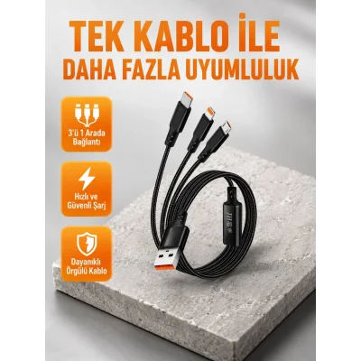 BUĞZ 3’ü 1 Arada Şarj Kablosu Type-C iOS Android Uyumlu Hızlı ve Güvenli Şarj