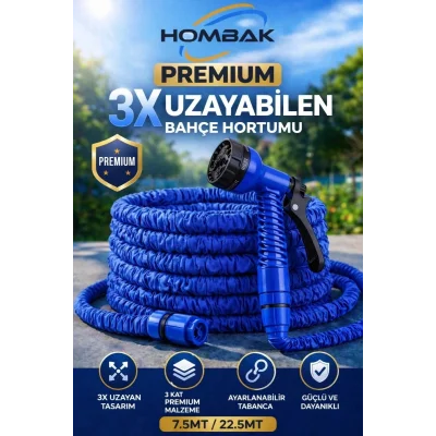 BUĞZ 3X Uzayan Bahçe Hortumu 7.5-22.5 Metre Ayarlanabilir Tabancalı Premium Sulama Hortumu Mavi