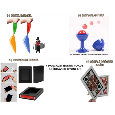  4&#39;lü Sihirbazlık Seti – Hokus Pokus Sihirli Numara Seti-KUPA-MENDİL-DESTE-İSKAMBİL
