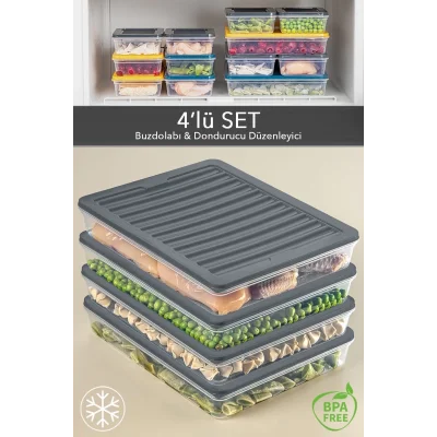  4lü Buzdolabı Organizer Mikrodalga Ve Difrize Uygun Saklama Kabı Antrasit 4 X 2400 ml