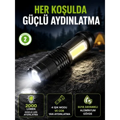 BUĞZ 4 Modlu USB Şarjlı LED El Feneri Kamp ve Outdoor