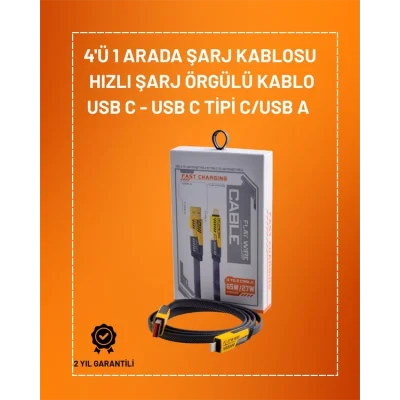  4ü 1 Arada USB Hızlı Şarj ve Veri Kablosu – 65W Güç, Çoklu Bağlantı, 1.2m