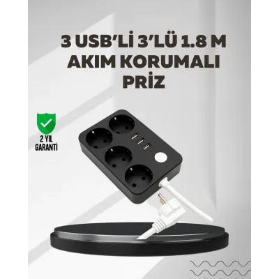  4.1A Hızlı Şarjlı Akım Korumalı 4 Priz ve 3 USB Çıkışlı Priz