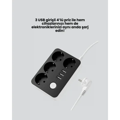 BUĞZ 4.1A Hızlı Şarjlı Akım Korumalı 4 Priz ve 3 USB Çıkışlı Priz - Lisinya