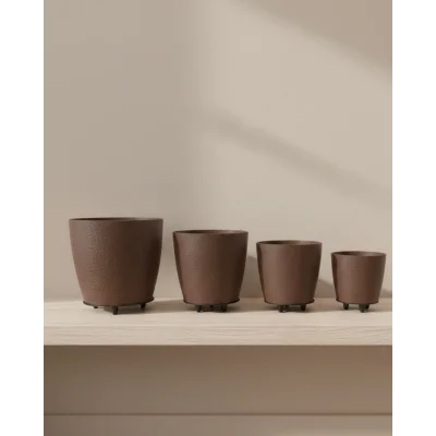 BUĞZ 4’lü 3D Kahverengi Dekoratif Vazo Seti Modern Ayaklı Şık Saksı Takımı
