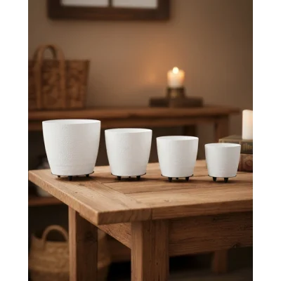 BUĞZ 4’lü 3D Şık Beyaz Saksı Seti Modern Ayaklı Dekoratif Vazo