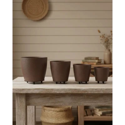 BUĞZ 4’lü 3D Şık Kahverengi Vazo Seti Modern Ayaklı Saksı