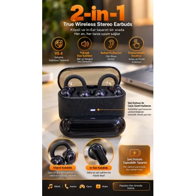 BUĞZ 4’lü Kablosuz Bluetooth Kulaklık Klipsli ve Kulak İçi Tasarım Siyah - BUĞZ