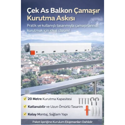 BUĞZ 5 İpli Çamaşırlık, Çek As, Ger As, 20 Metre Uzunluk, Kolay Kurulum, Ergonomik