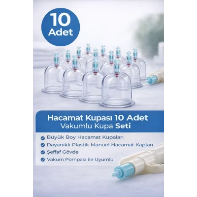 BUĞZ 5 Numara Hacamat Kupası 10 Adet Vakumlu Kupa Seti – Manuel Pompa Uyumlu Şeffaf Plastik Hacamat Kabı