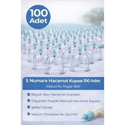 BUĞZ 5 Numara Hacamat Kupası 100 Adet Vakumlu Kupa Seti – Manuel Pompa Uyumlu Şeffaf Plastik Büyük Boy Hacamat Kabı