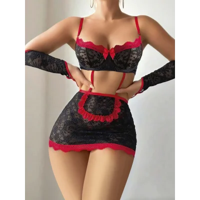 BUĞZ 5 parça Kırmızı Siyah Dantel Çiçek Desen Hizmetçi Model Özel Fantezi Tanga Hediyeli 2043
