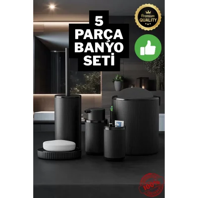 5 Parça Siyah Çizgili Yuvarlak 5li Eco Banyo Seti Çöp Kovası Tuvalet Fırçası Sabunluk Diş Fırçalık