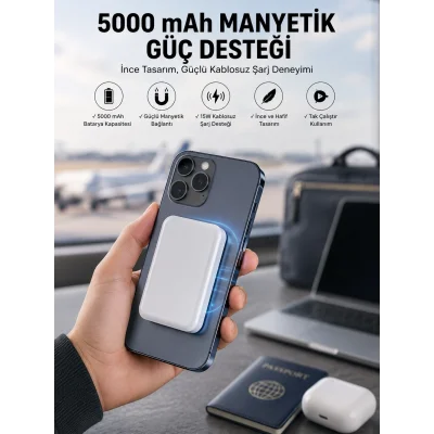 BUĞZ 5000 Mah İOS Uyumlu Magsafe Kablosuz Şarj Hızlı Şarj Desteği