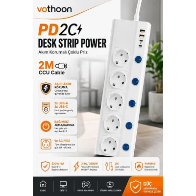 BUĞZ 5’li Akım Korumalı Çoklu Priz 2 Metre Kablolu 3680w 16a 5 Anahtarlı 2usb-a 2 Usb-c Pd 20w Hızlı Ftr-28