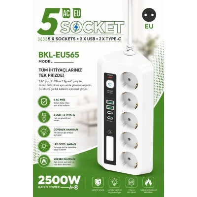 BUĞZ 5’li Akım Korumalı Priz 2500w | 2 Usb + 2 Type-c Hızlı Şarj | Led Gece Lambalı | Dokunmatik Beyaz