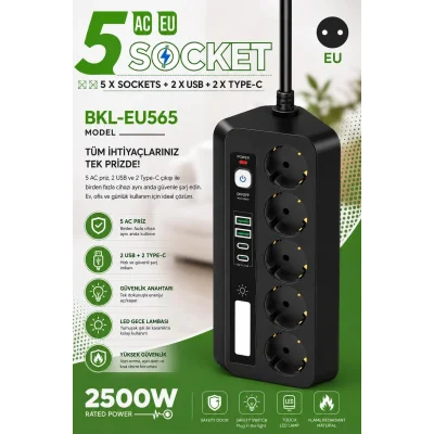 BUĞZ 5’li Akım Korumalı Priz 2500w | 2 Usb + 2 Type-c Hızlı Şarj | Led Gece Lambalı | Dokunmatik Siyah