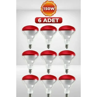 BUĞZ (6 Adet) 150W Kızılötesi Isıtıcılı Hayvan Isıtma ve Kuluçka Lambası (Kırmızı Işık) E27 (Kalın Duy)