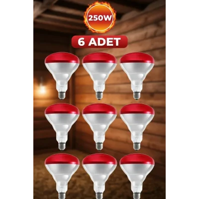 BUĞZ (6 Adet) 250W Kızılötesi Isıtıcılı Hayvan Isıtma ve Kuluçka Lambası (Kırmızı Işık) E27 (Kalın Duy)