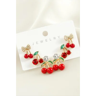  6 Adet Kiraz Mineli Tektaş Küpe