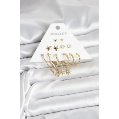 BUĞZ 6 Çift Kadın Küpe Seti Gold Renk