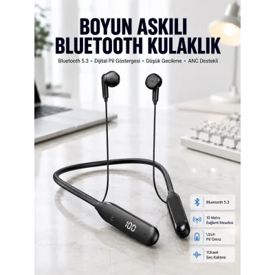 BUĞZ 60 Saat Kablolu Boyun Askılı Dijital Göstergeli Bluetooth Kulaklığı Yeni Nesil