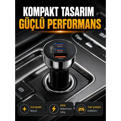 BUĞZ 60W Araç İçi Hızlı Şarj Adaptörü Çift USB-C PD ve USB-A QC3.0