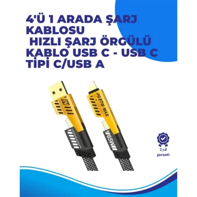  65W 4ü 1 Arada Çoklu Şarj Kablosu – USB-C, USB-A, Lightning, Veri ve Şarj Desteği