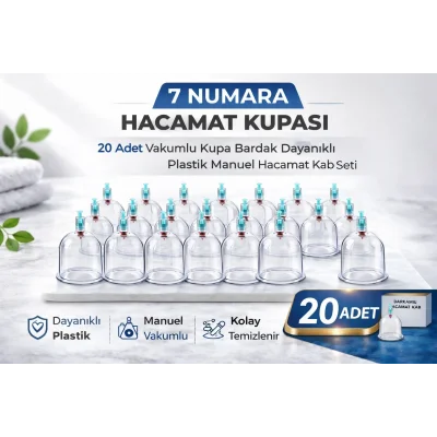BUĞZ 7 Numara Hacamat Kupası 20 Adet Vakumlu Kupa Bardak Dayanıklı Plastik Manuel Hacamat Kabı Seti