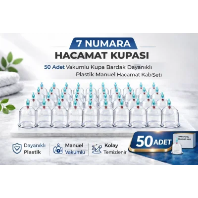 BUĞZ 7 Numara Hacamat Kupası 50 Adet Vakumlu Kupa Bardak Dayanıklı Plastik Manuel Hacamat Kabı Seti