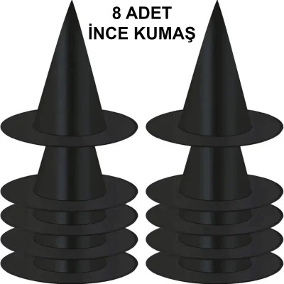  8 Adet Siyah Cadı Şapkası – Yetişkin & Çocuk Kostüm Aksesuarı