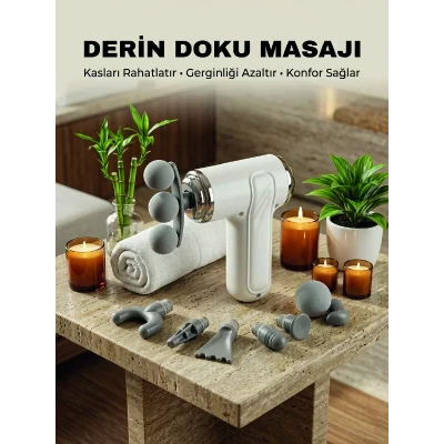 BUĞZ 8 Başlıklı Şarjlı Masaj Tabancası 6 Kademeli Hız Ayarlı Derin Doku Kas Masaj Aleti