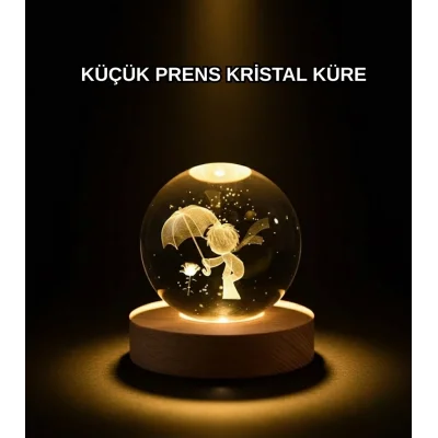BUĞZ 8 cm Küçük Prens 3D Kristal Küre USB Işıklı Ahşap Altlıklı Dekoratif Lamba