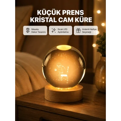 BUĞZ 8 cm Küçük Prens Cam Küre USB Işıklı Ahşap Tabanlı Dekor