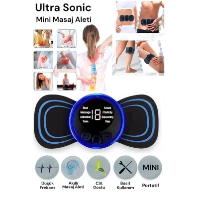 BUĞZ 8 Modlu Mini Şarjlı Kelebek LCD Ekran Ems Boyun Omuz Kol Sırt Elektrikli Masaj Bantı Kas Stimülatörü