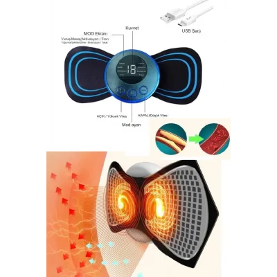 BUĞZ 8 Modlu Mini Şarjlı Kelebek LCD Ekran Ems Boyun Omuz Kol Sırt Elektrikli Masaj Bantı Kas Stimülatörü