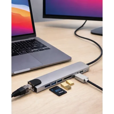 BUĞZ 8 Port Type C Hub USB HDMI RJ45 SD TF Kart Okuyucu Çoklayıcı