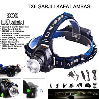 BUĞZ 800 Lümen Tx6 Şarjlı Zoomlu Kafa Feneri Wt-120