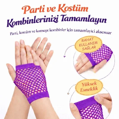 BUĞZ 80’ler 90’lar Retro Mor File Parmaksız Kısa Eldiven 11 Cm - BUĞZ