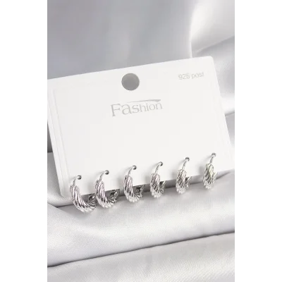 BUĞZ 925 Ayar Gümüş Çivi Pirinç Gümüş Renk İşlemeli Halka Model Kadın Küpe Seti