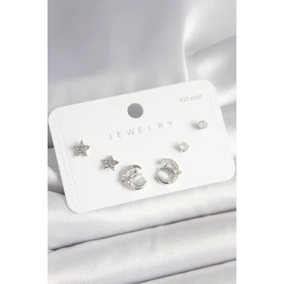 BUĞZ 925 Ayar Gümüş Çivi Zirkon Taşlı Hilal Yıldız Model Kadın Küpe Seti