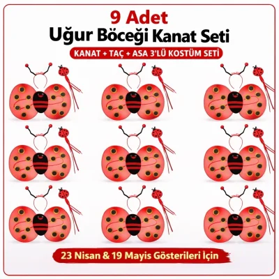 BUĞZ 9’lu Uğur Böceği Ateş Böceği Kostüm Seti – Kanat Taç Asa Bx40