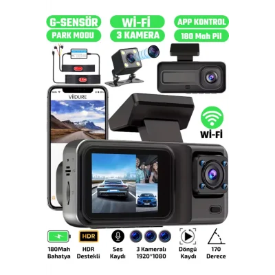  A-98 WiFi Full HD 3 Kameralı Araç İçi Güvenlik Kamerası + Park Modu Kablosu Ön-Arka-İç Kayıt,DashCam